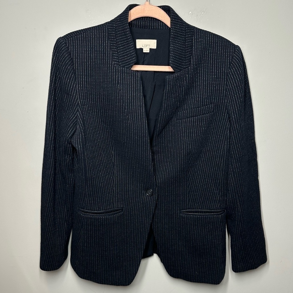LOFT Navy Blue Pinstripe Single Button Collarless Blazer Suit Jacket